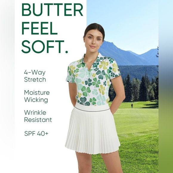 Tops - Sporty Buff Short Sleeve V-Neck Golf Polo Shirts Comfy Collared Clover